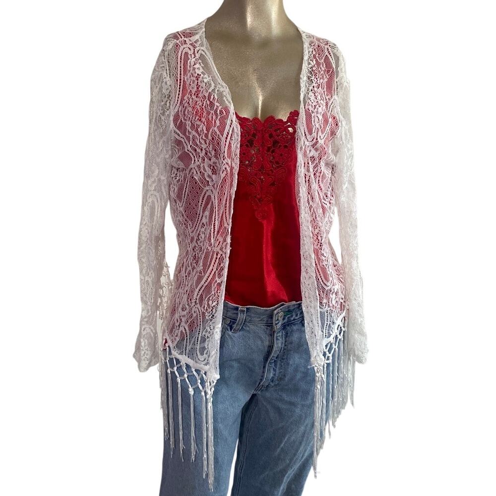 White Lace Kimono Duster Jacket Long Sleeve Fringe Hem Open Front Boho Large